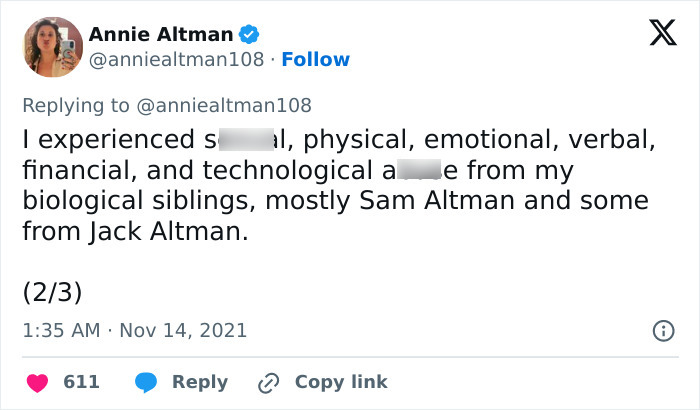 Screenshot of Annie Altman&rsquo;s tweet alleging a***e by her biological siblings, including OpenAI CEO Sam Altman.