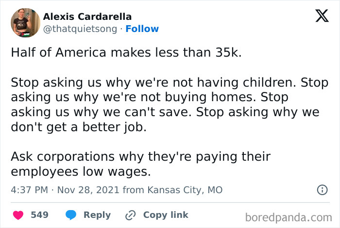 A tweet from Alexis Cardarella about low wages, criticizing current economic realities. Posts from people who are exhausted and ready to retire.