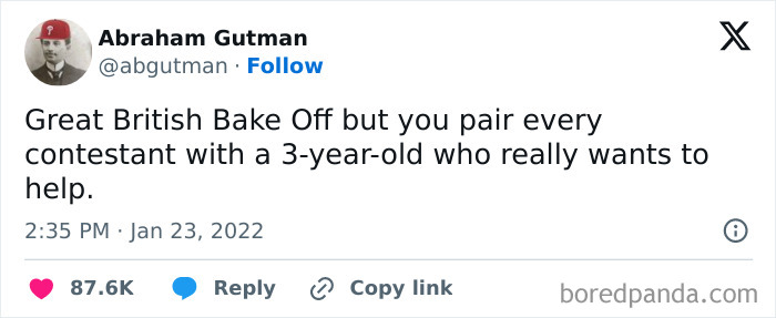 Tweet from Abraham Gutman humorously comparing the Great British Bake Off to kids helping, safe-for-work funny memes.