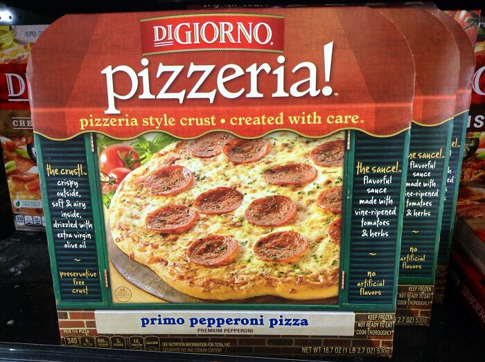 DiGiorno pepperoni pizza box showing pizzeria style crust and flavorful sauce with no artificial flavors.