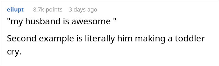 Screenshot of a social media comment discussing a husband being awesome to his wife but harsh to their kids.