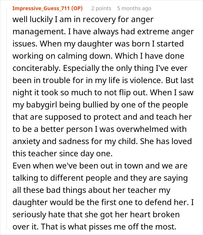 Comment text from a mom about a teacher grabbing kids and being called out for it, expressing anger and sadness.