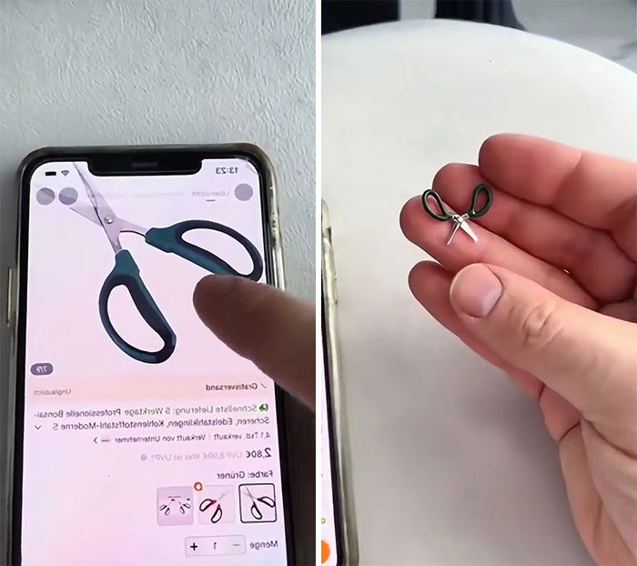 Comparison of scissors ordered from Temu showing the product image on phone and a tiny real item in hand.