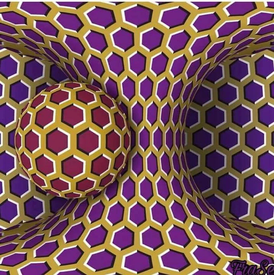 A brain-bending optical illusion with a sphere and wavy surface made of gold and purple hexagons.