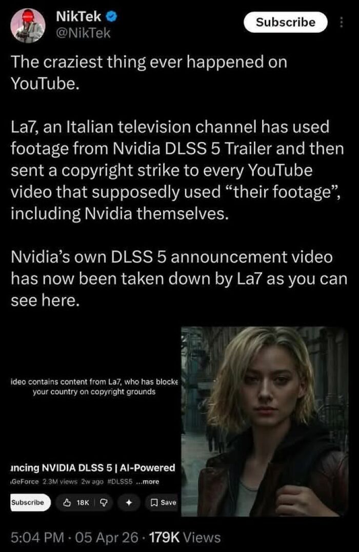 Screenshot of a funny tweet about Nvidia DLSS 5 copyright strike controversy on YouTube for a good laugh.
