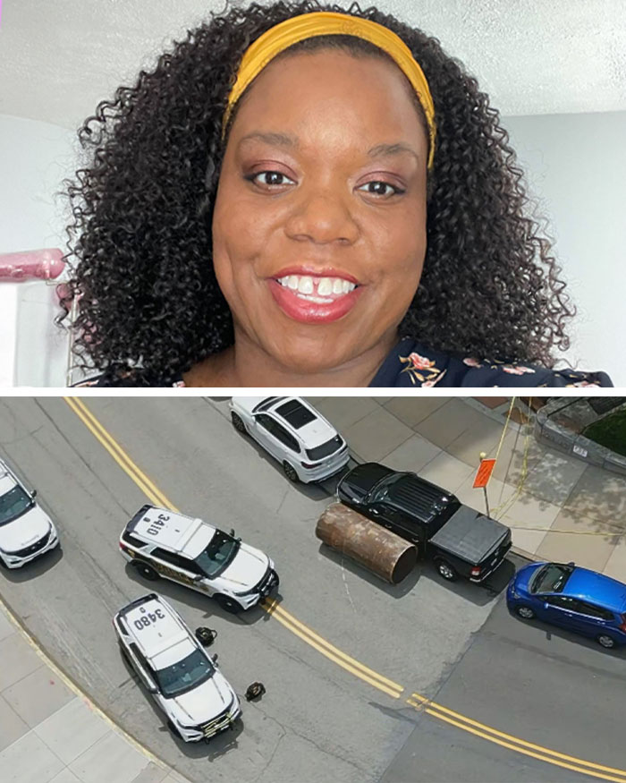 Smiling woman with curly hair and a yellow headband above an aerial view of cars involved in a freak accident.