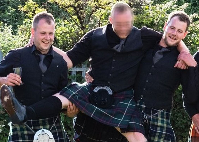 Three men in kilts, one being lifted, celebrating outdoors before a wedding linked to devastated bride-to-be exposing fianc&eacute;'s crimes.