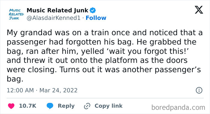 A tweet describing an embarrassing moment where a grandad mistakenly threw someone else's bag off a train.
