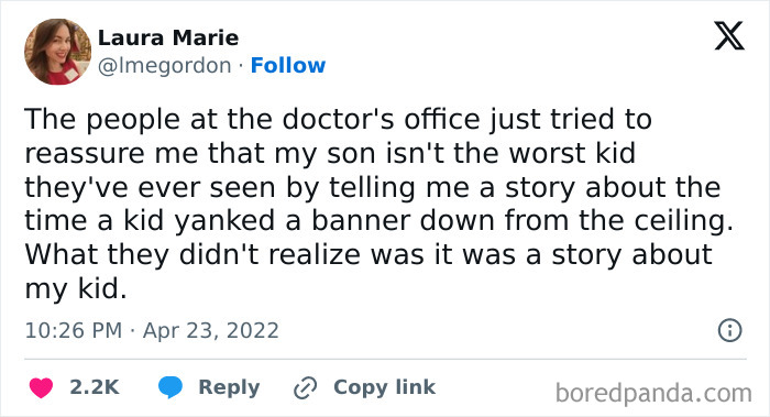 A tweet from Laura Marie about an embarrassing moment at the vet's office. The vet's staff told her a story about her own kid.