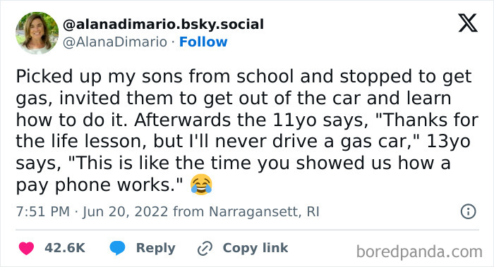Tweet about teaching kids how to pump gas with relatable memes capturing everyday life and funny parenting moments.