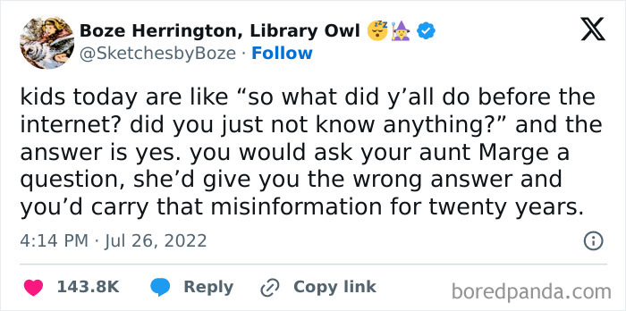 Tweet about kids before the internet, sharing a painfully relatable meme on misinformation and communication today.