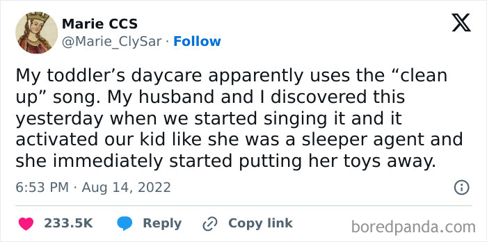 Tweet about a toddler responding to the daycare’s clean up song by quickly putting toys away, relatable meme content.