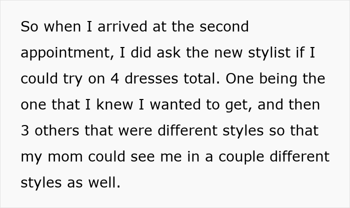 Text excerpt from a woman describing her second wedding dress appointment and trying on multiple dresses with her mom.