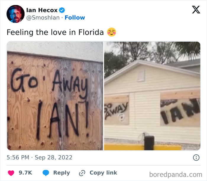 Graffiti on boarded-up Florida house warns to go away, reflecting gut warnings about something horrible happening.