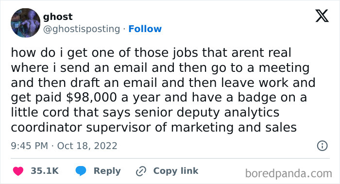 Tweet joking about work tasks involving emails and meetings, highlighting the humor in common work memes.