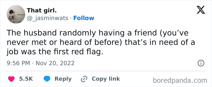 A tweet from @__jasminwats, a red flag about a husband having a friend needing a job. It's a relationship red flag.