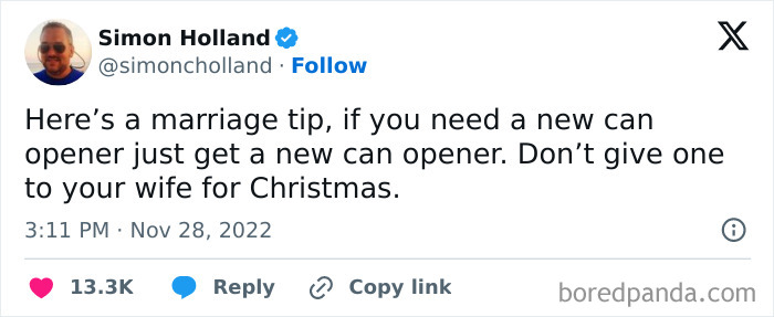 Marriage tip about gift can openers for wives during Christmas