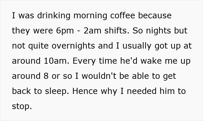 Text excerpt about drinking morning coffee during night shifts and being disturbed by noise, related to man gets revenge on honking driver with ice-filled bin.