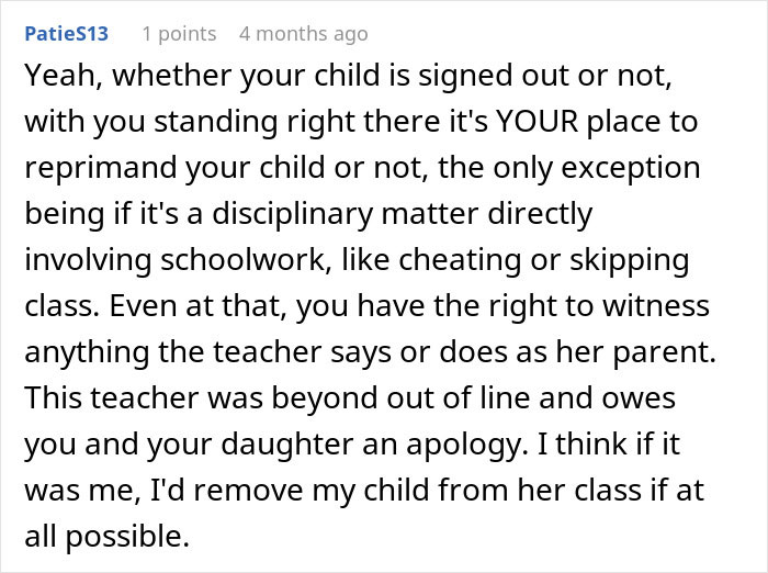 Comment about teacher grabbing kids in front of mom, discussing discipline and parental rights in school settings.