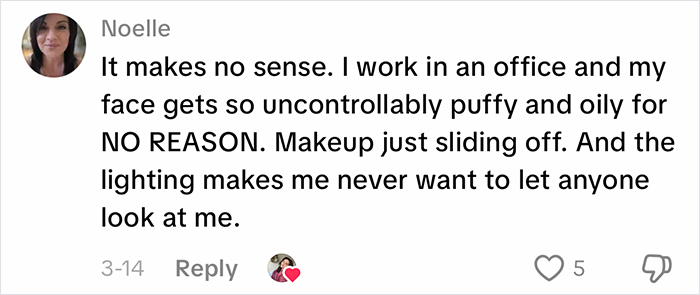 Comment about office air causing puffy, oily skin and makeup problems while working in an office environment.