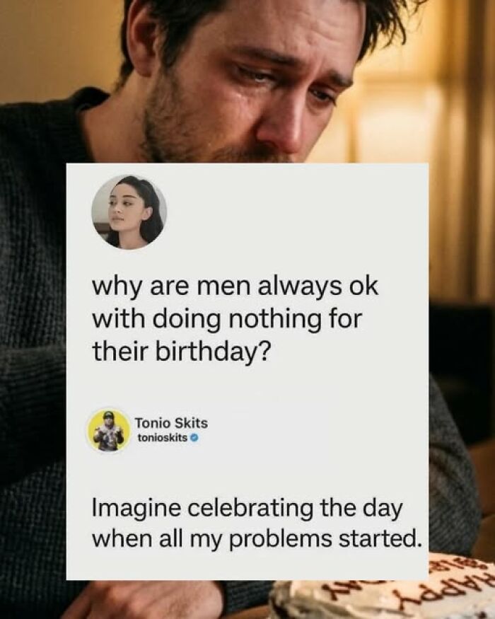 Man with sad expression looking at a funny tweet about birthdays and problems, perfect for funny tweets SEO keyword.