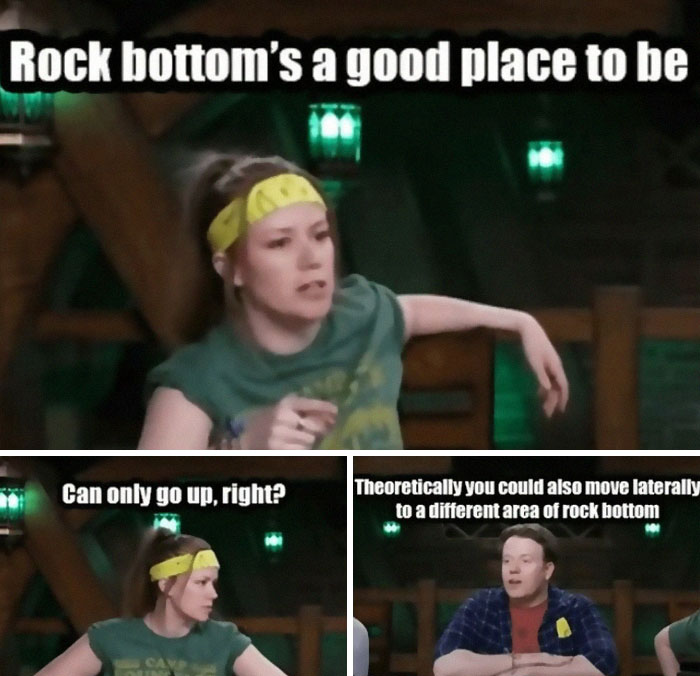 Three people in a humorous meme discussing rock bottom, highlighting relatable memes from people who gave up on life but not humor.