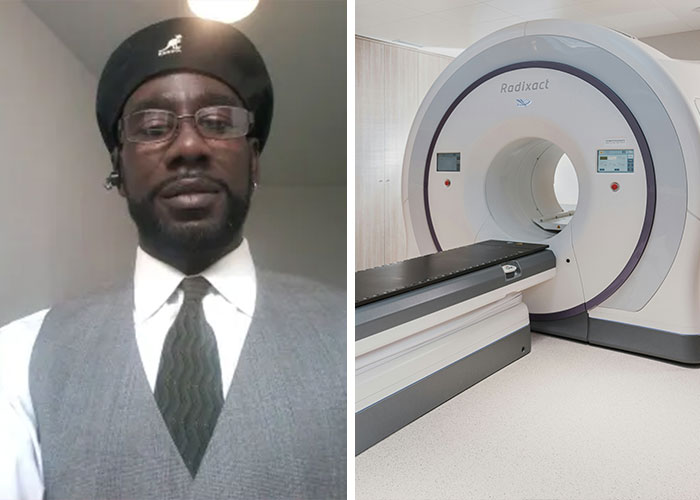 Man in a Kangol hat and a medical machine. This image relates to freak accidents and Final Destination.