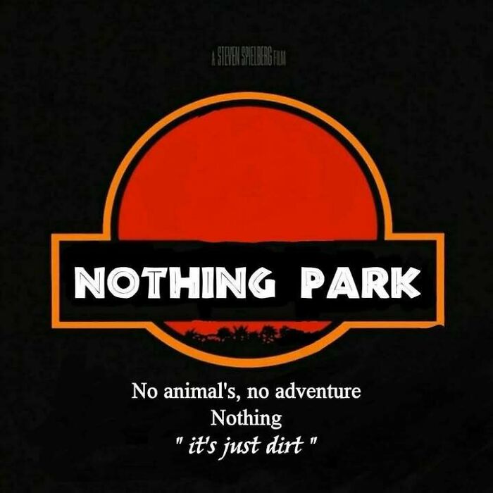 Confusing and unhinged parody logo of a theme park with text highlighting nothing but dirt and no animals or adventure.