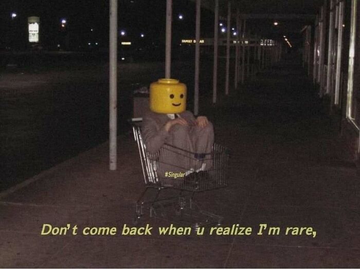 Person wearing a large Lego head sitting inside a shopping cart at night, an unhinged and confusing image.