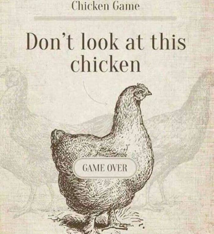 Illustration of a chicken with text warning not to look at it, a confusing and unhinged image that gets weirder.