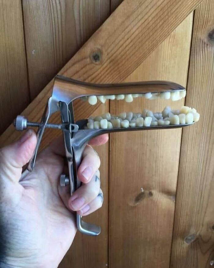 Hand holding a strange metal tool filled with realistic artificial teeth in a confusing and unhinged image.