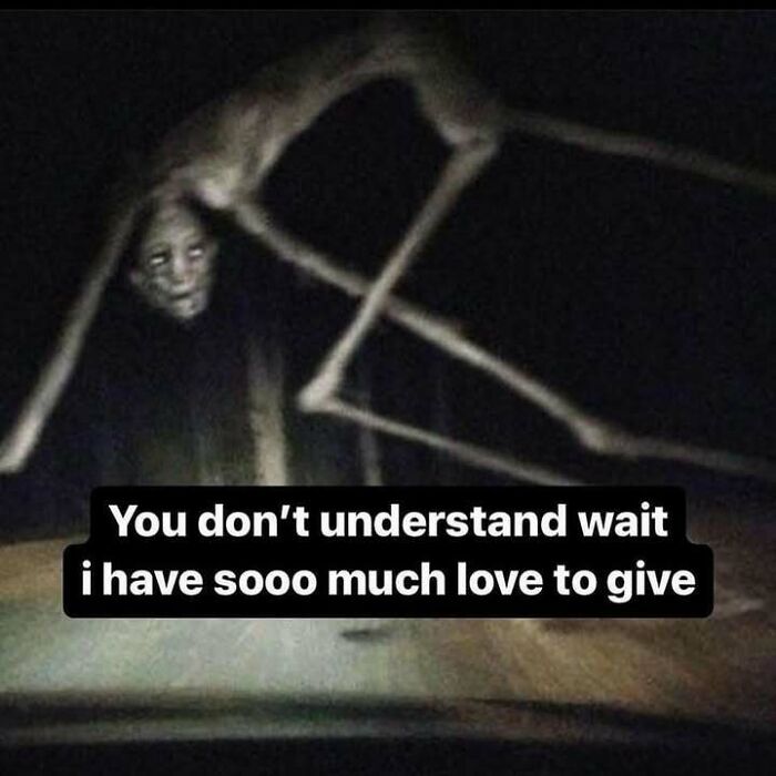 Eerie unhinged image of a long-limbed creature on a dark road, fitting confusing and weird visuals theme.