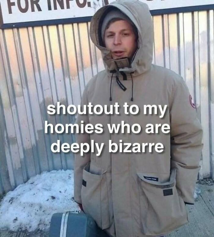 Person in winter jacket standing outside with text about bizarre homies in a confusing and unhinged image concept.