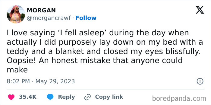 Tweet by Morgan about oddly specific but relatable moments, humorously admitting to purposely napping with a teddy and blanket.