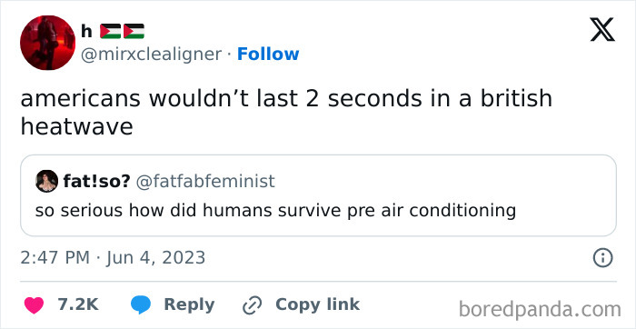 Tweet discussing how Americans struggle with British heatwaves, reflecting common life in America climate perceptions.