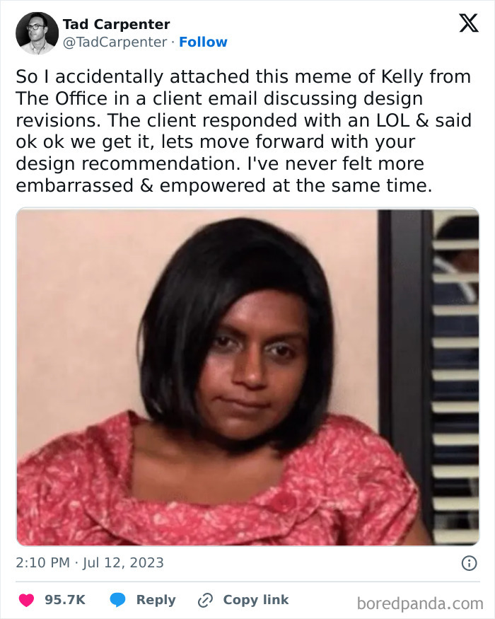 A screenshot of a tweet with a meme of Kelly from The Office, a perfect example of embarrassing moments.