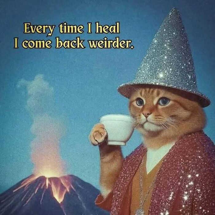 Cat wearing a sparkly wizard hat and robe holding a teacup with a volcanic eruption in the background, surreal weird image.