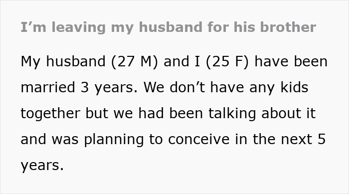 Text excerpt from a woman's story revealing her plan to leave husband for his brother after discovering affair evidence.