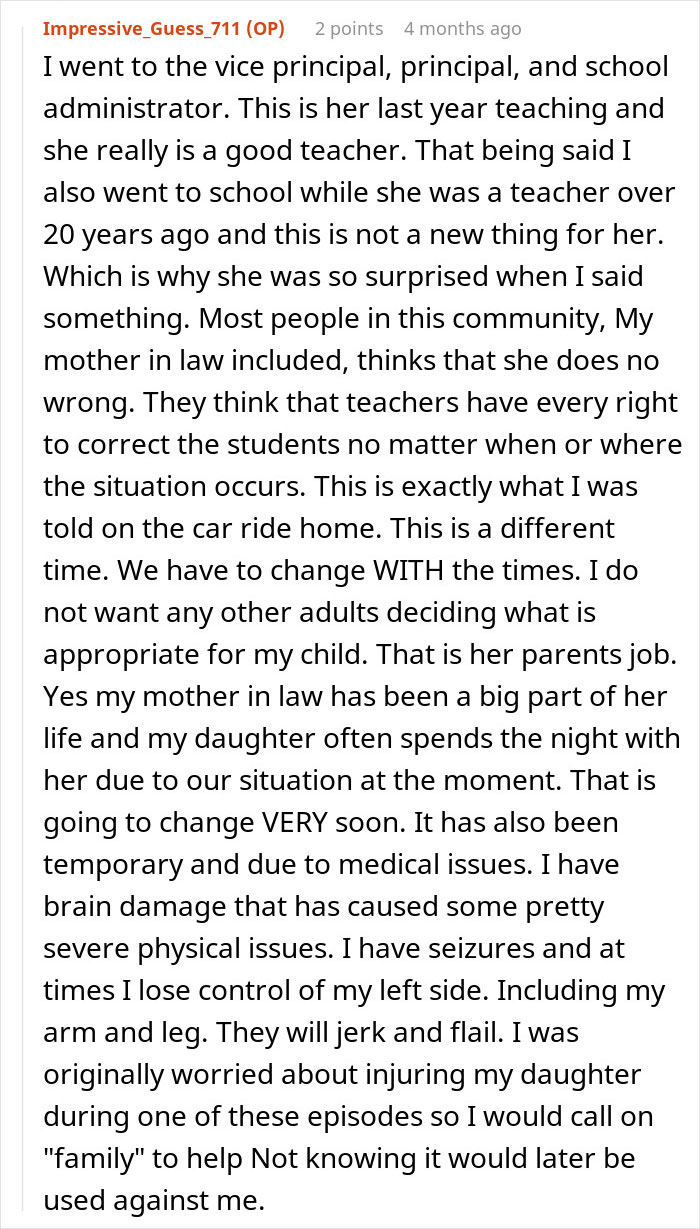 Comment discussing a teacher&rsquo;s actions grabbing kids and a mom calling out the teacher's behavior.