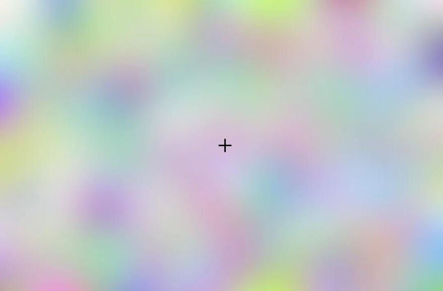 Blurry pastel colors with a black plus sign in the center, demonstrating a brain-bending optical illusion.