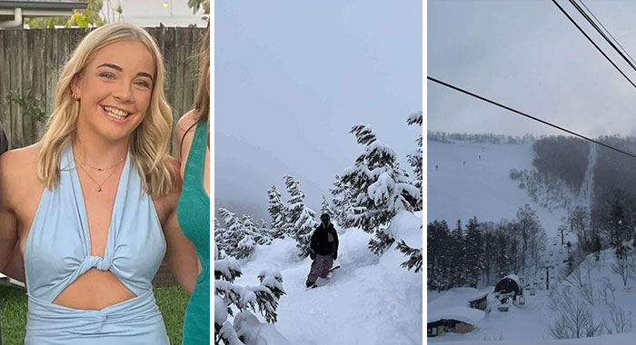 A young woman smiling, a snowboarder in deep snow with trees, and a snow-covered ski slope with lifts. Freak accidents.