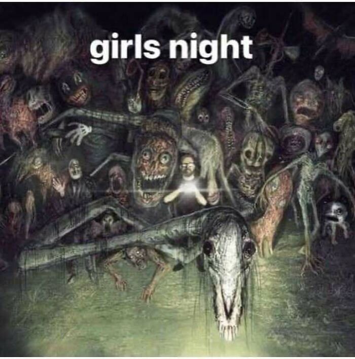 A person surrounded by creepy, distorted creatures in a dark scene, illustrating confusing and unhinged images.