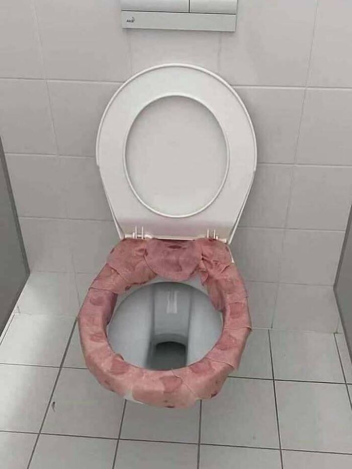 Toilet seat covered with slices of raw meat in a confusing and unhinged image that gets weirder the longer you look.