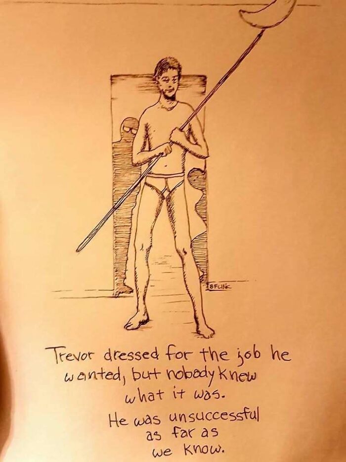 Sketch of a man in underwear holding a spear with a shadow figure behind him, a confusing and unhinged image.