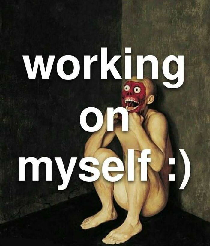 Surreal image of a person with a distorted face and text overlay, fitting confusing and unhinged images theme.