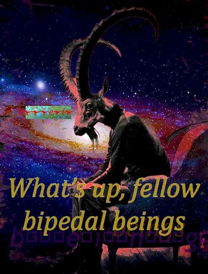 Surreal image of a humanoid figure with a goat head sitting under a galaxy sky with a caption about bipedal beings.
