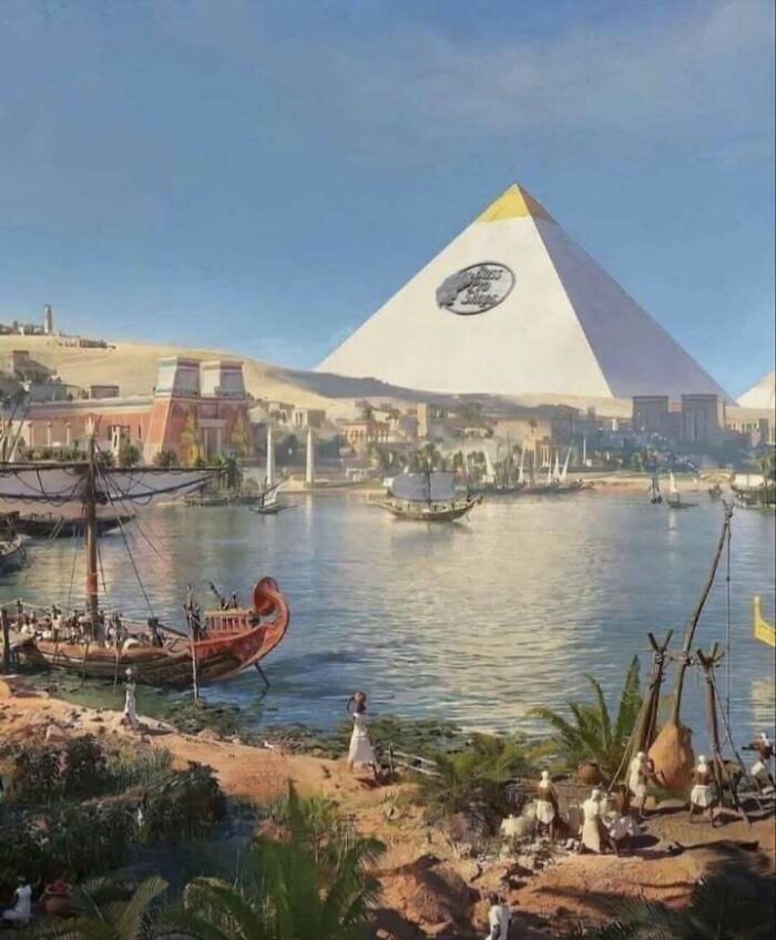 Unhinged image of an ancient Egyptian riverside scene with a giant modern pyramid and unusual elements in the background.