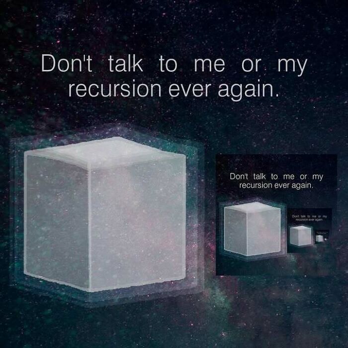 Glowing cube with recursive image and text about recursion, a confusing and unhinged image that gets weirder the longer you look.