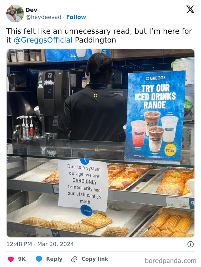 Greggs card only sign humorously citing staff can't do math
