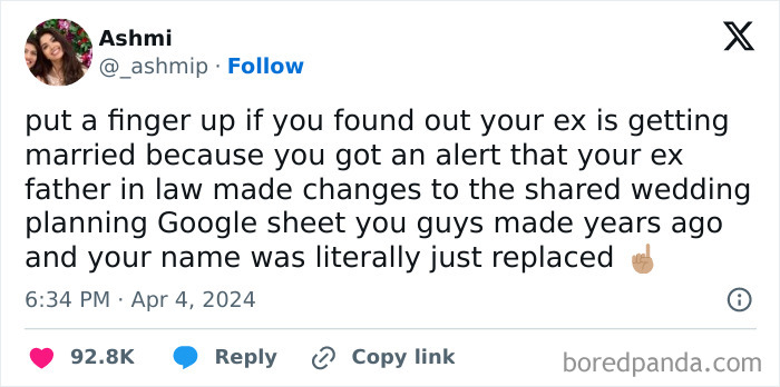 Tweet screenshot showing a relatable and strangely specific story about wedding planning Google sheet alerts involving an ex.